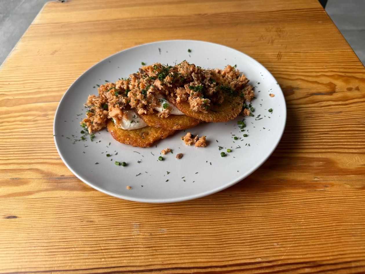 Potato Pancakes with Baked Salmon and Philadelphia Cheese