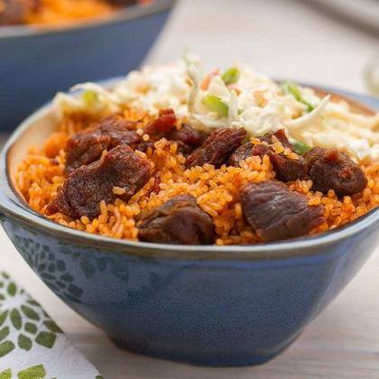 Spicy Goat with Jollof Rice and Fried Plantain