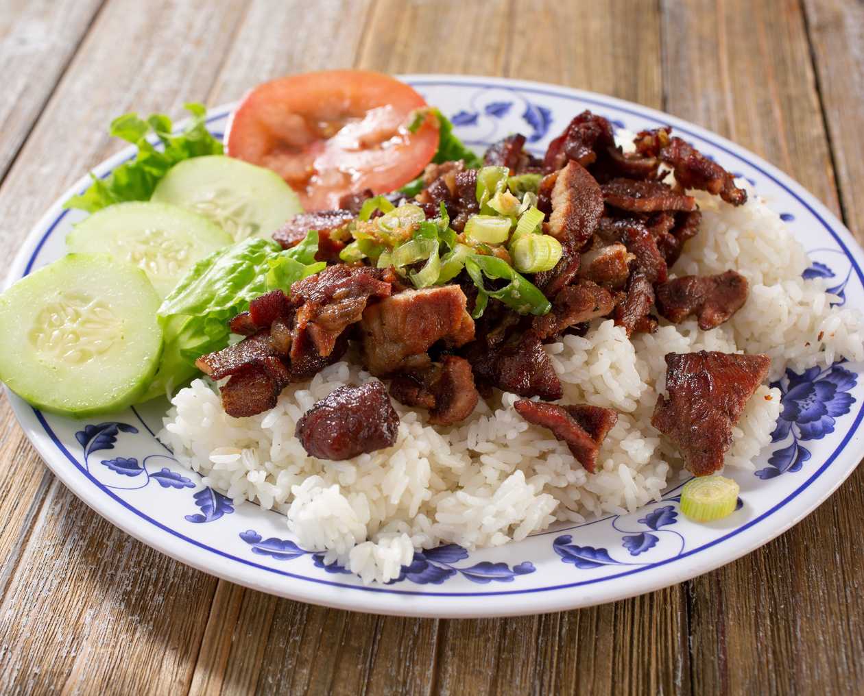 Spicy pork strips, rice