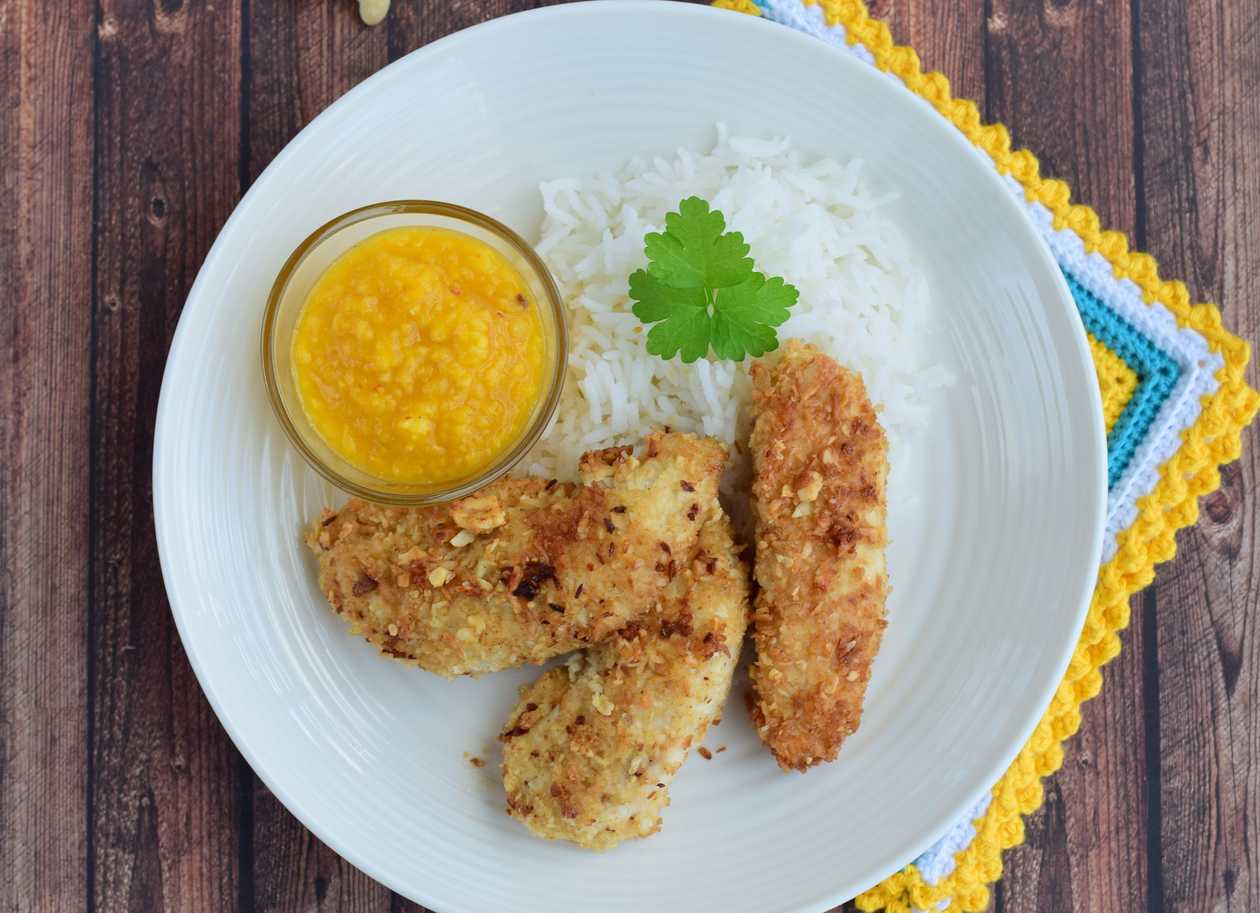 Spicy chicken strips, rice