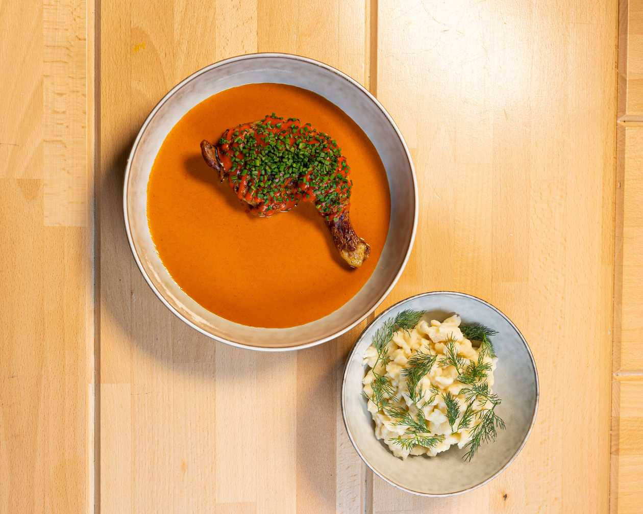 Chicken stew, sour cream, red pepper, homemade dumplings, dill