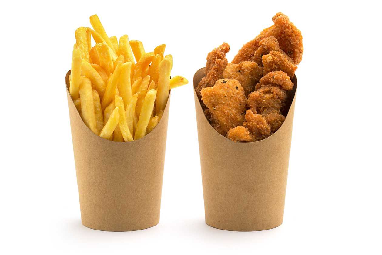 Fried chicken nuggets, french fries