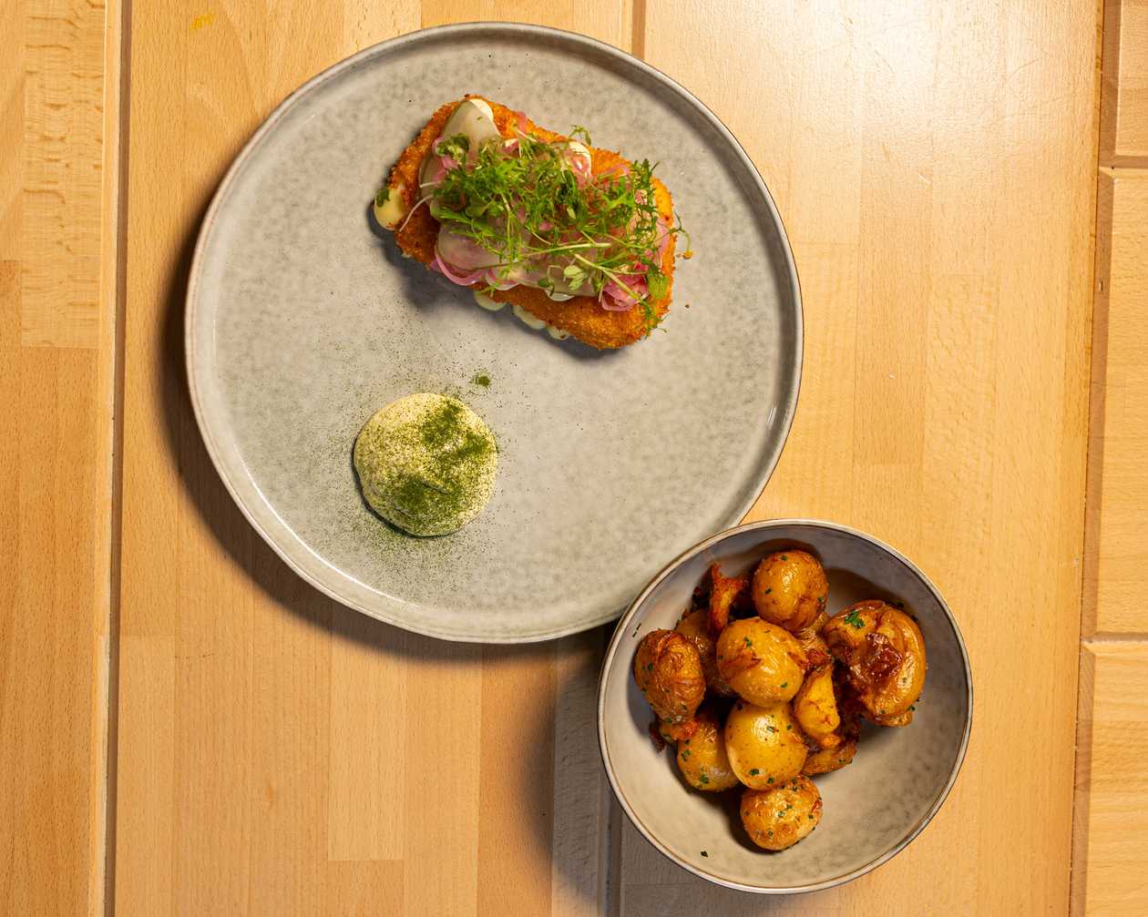Fried cheese Gomoja from Cheesio, homemade tartar sauce, confit baby potatoes