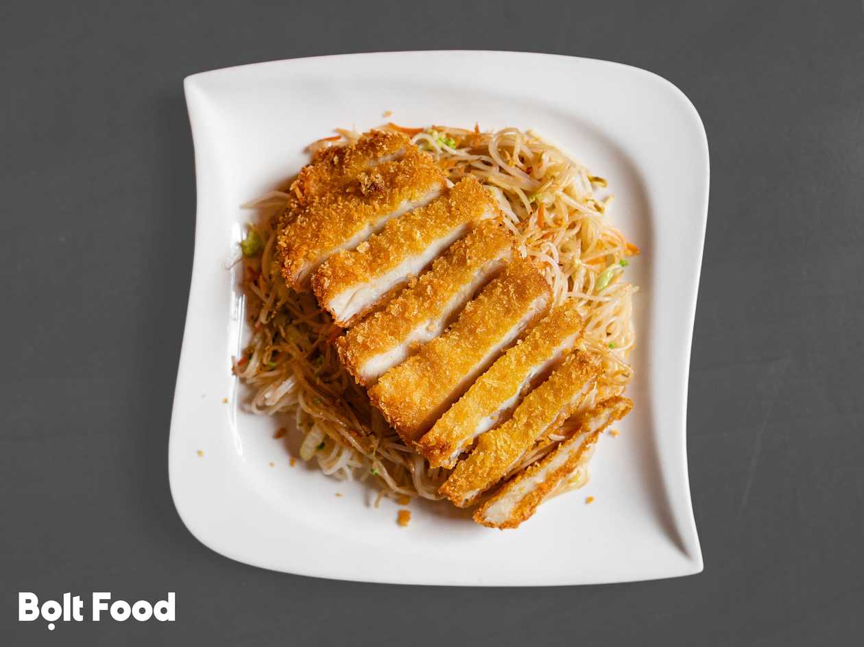 Chicken Tempura with Rice Noodles and Yakitori Sauce