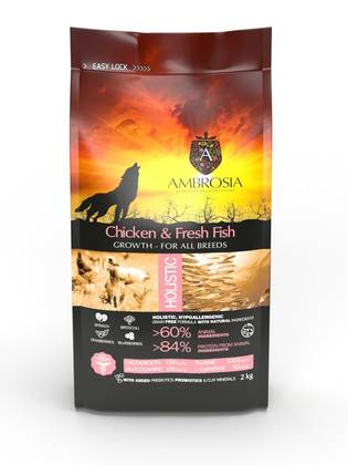 Ambrosia беззерновой корм для щенков всех пород с свежим мясом курицы и рыбы 2кг