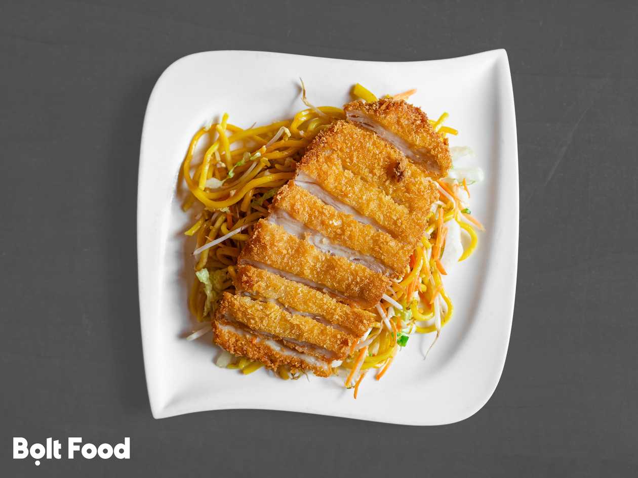 Chicken Tempura with Canton Noodles and Yakitori Sauce