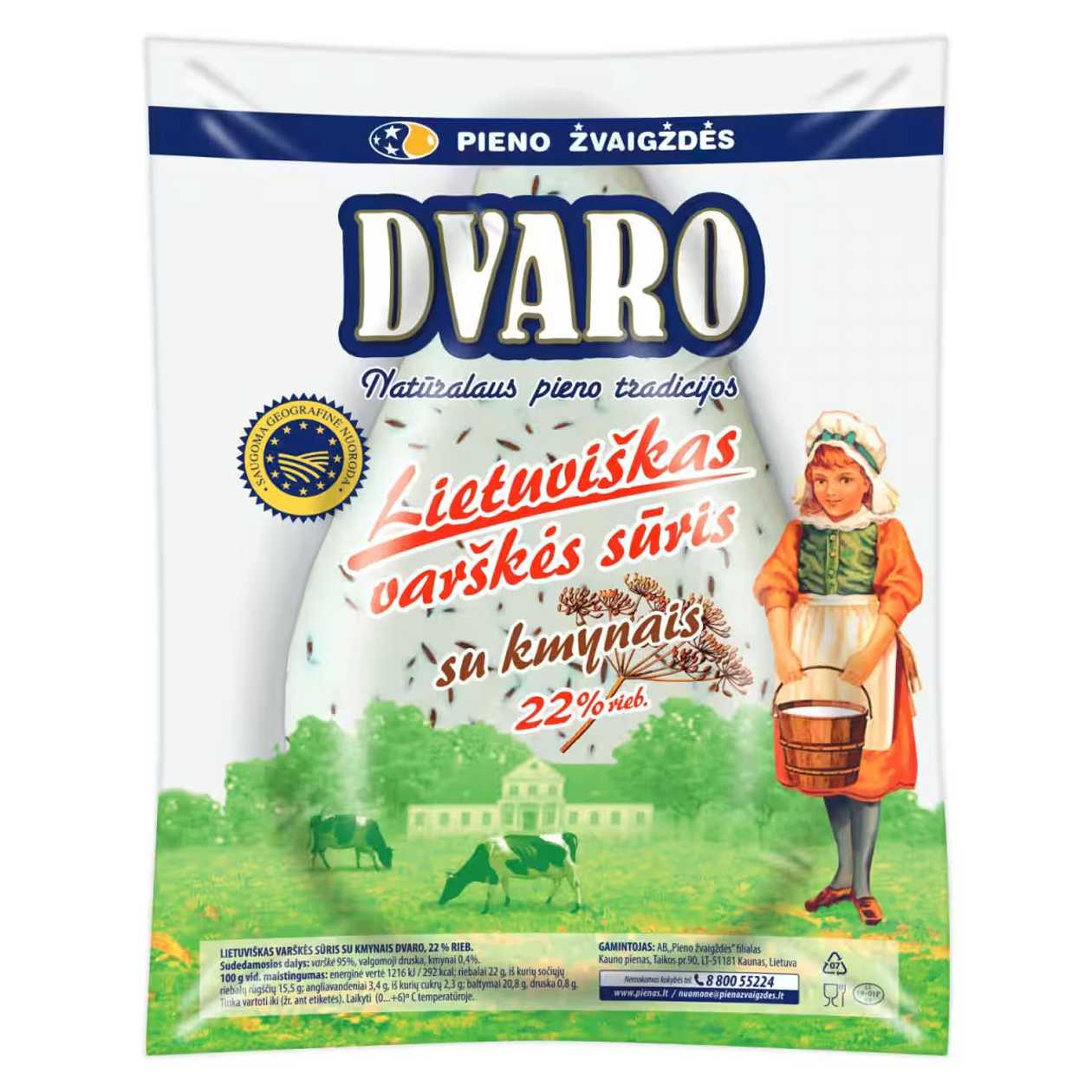 Lietuviškas DVARO varškės sūris su kmynais (22%), ±250g (baigiasi galiojimas)