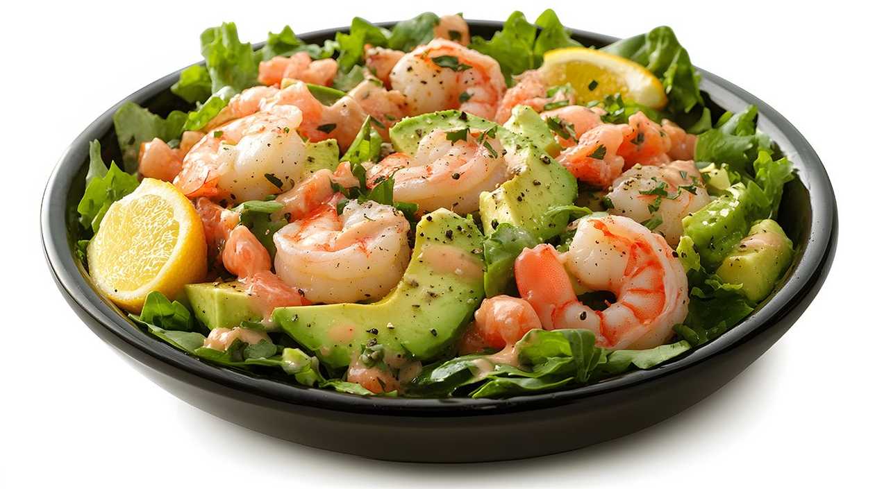 Avocado salad with tiger shrimps