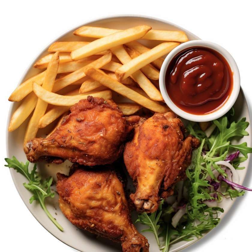 Roasted chicken 5vnt. + potatoes + BBQ sauce