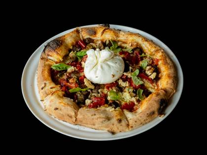 Pizza with Burrata, Baked Eggplant, and Bell Pepper