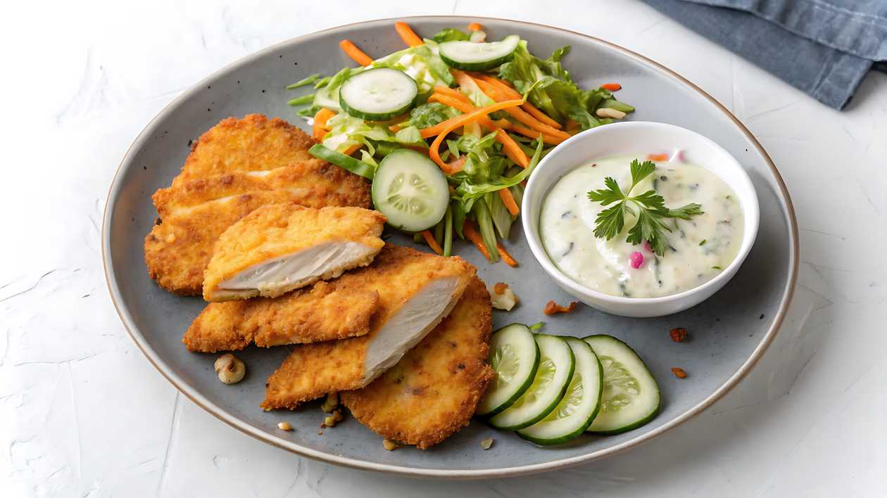 Fried chicken schnitzel with french fries and tartare
