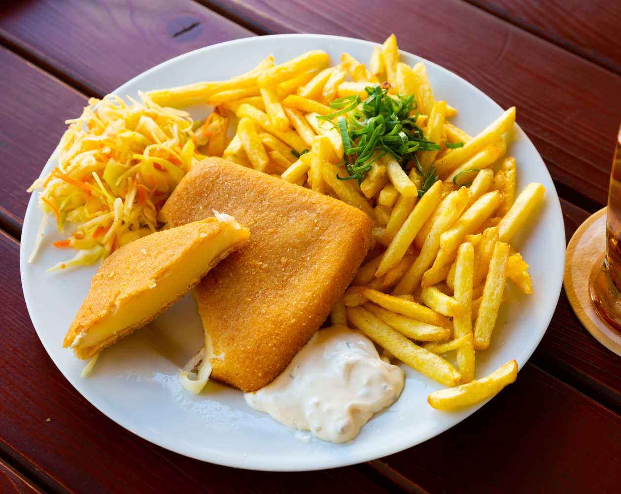 Fried cheese with french fries and tartare
