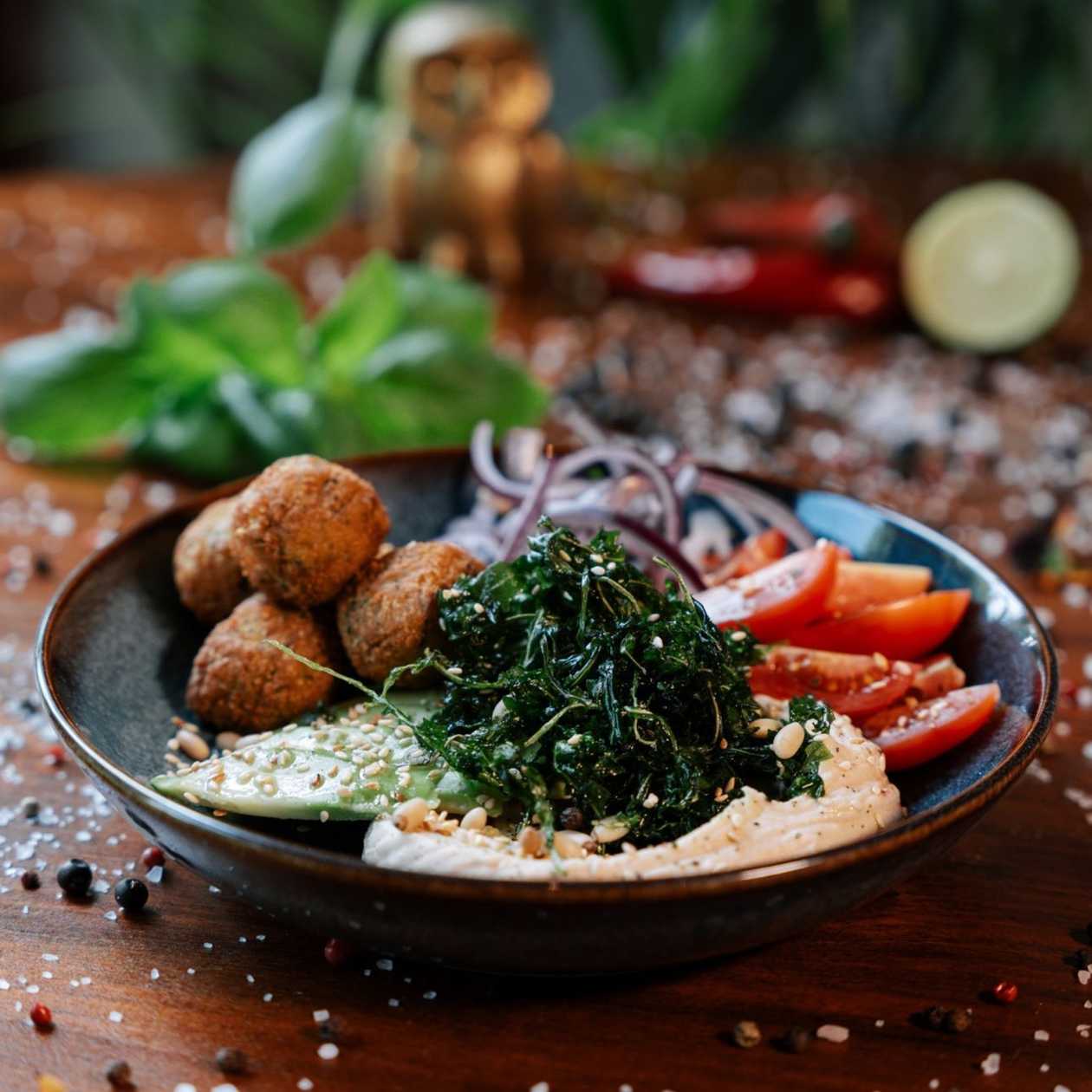 Salad with Falafel and Hummus