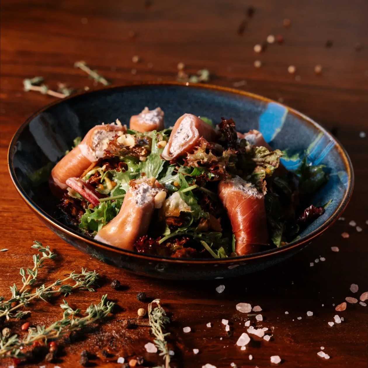 Salad with Prosciutto Rolls and Truffle Cream