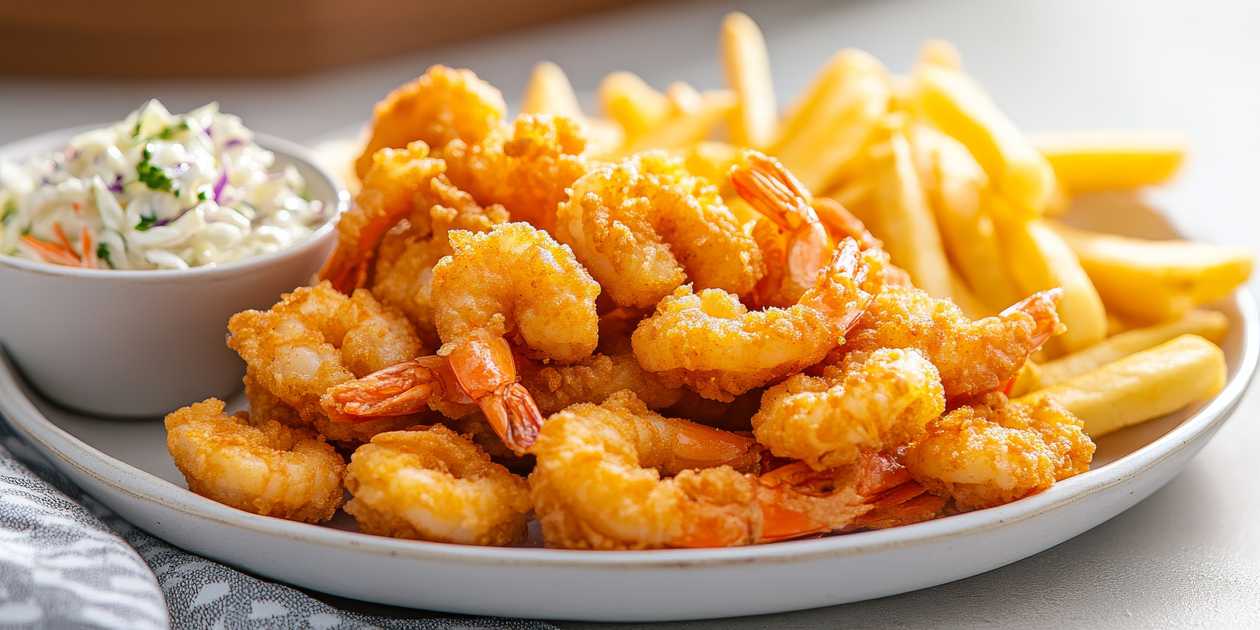 Fried prawns with french fries and chili sauce