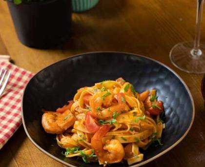 Tagliatelle with Shrimp and Pomodori Secchi