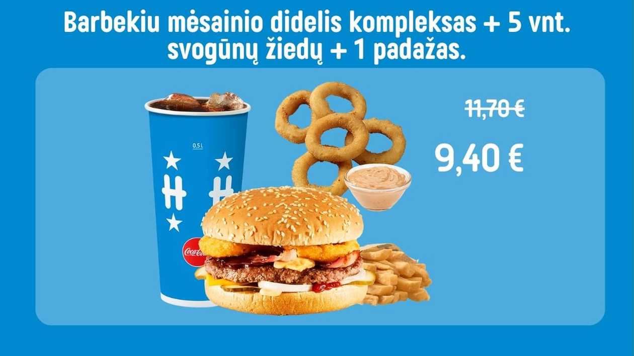 Barbekiu mėsainio didelis kompleksas + 5 vnt. svogūnų žiedų ir 1 pasirinktas padažas.