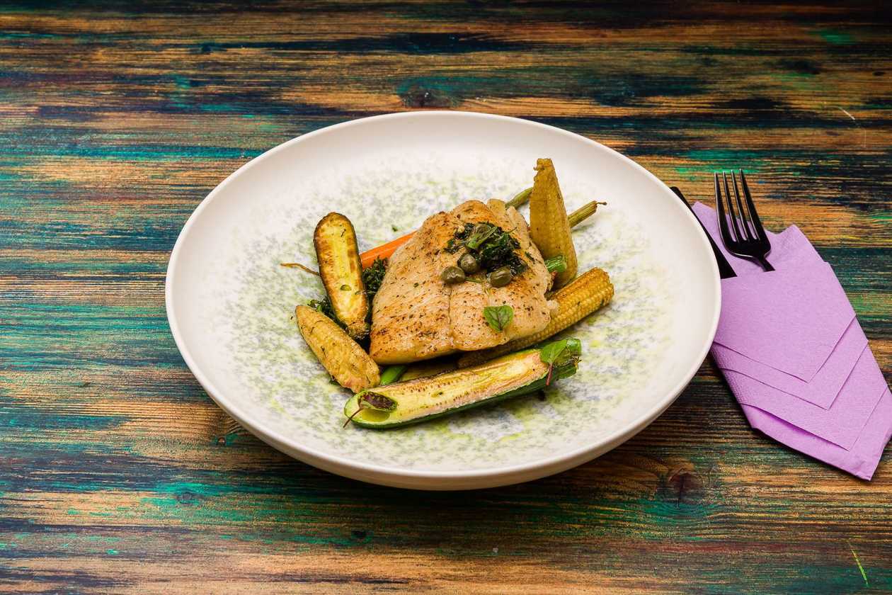 Black cod meunière with vegetables