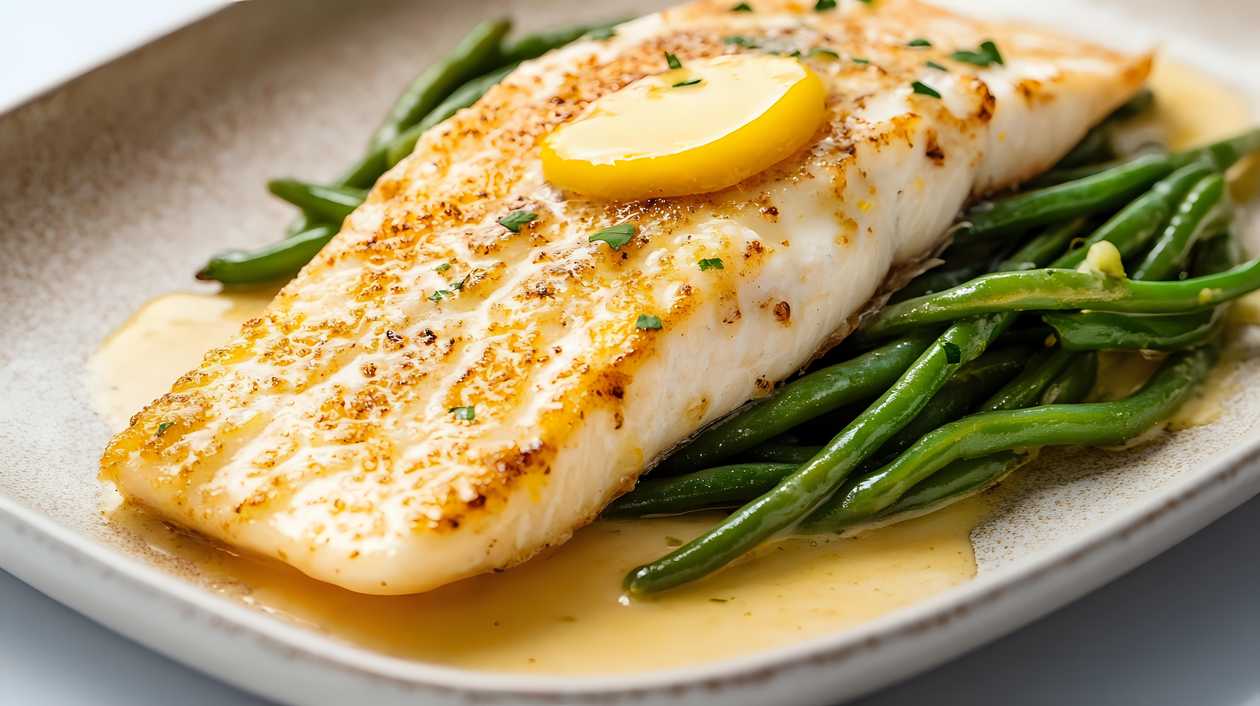 Fish fillet on butter, vegetables