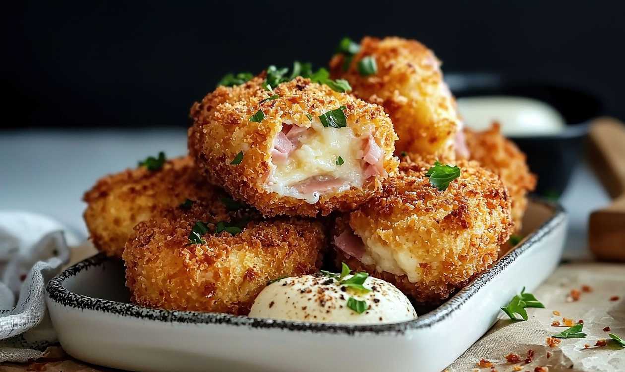 Fried cheese with ham, vegetables