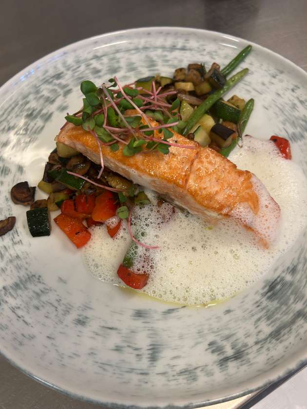Salmon  with grilled vegetables and Beurre Blanc sauce