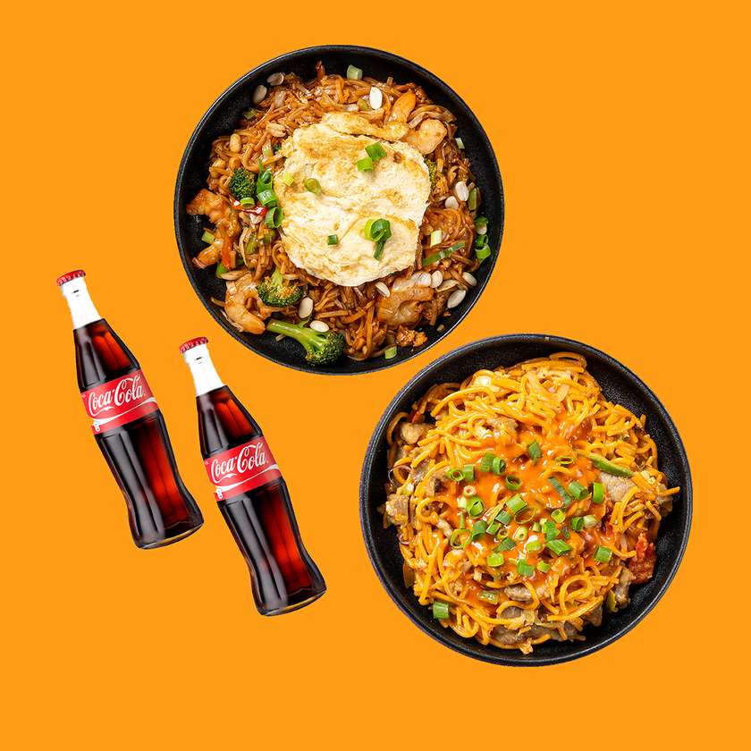 Coconut Curry Wok + Pad Thai, both with Extra Meat + 2 Drinks