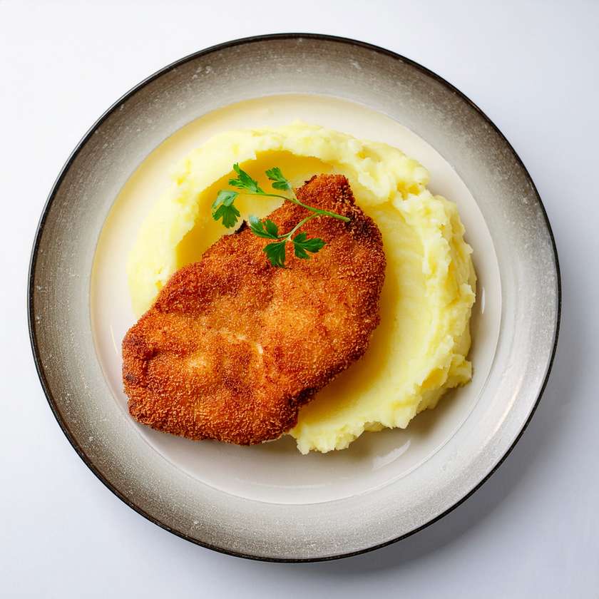 Fried Chicken Schnitzel (breast), mashed potatoes, lemon, lamb's lettuce, pumpkin oil