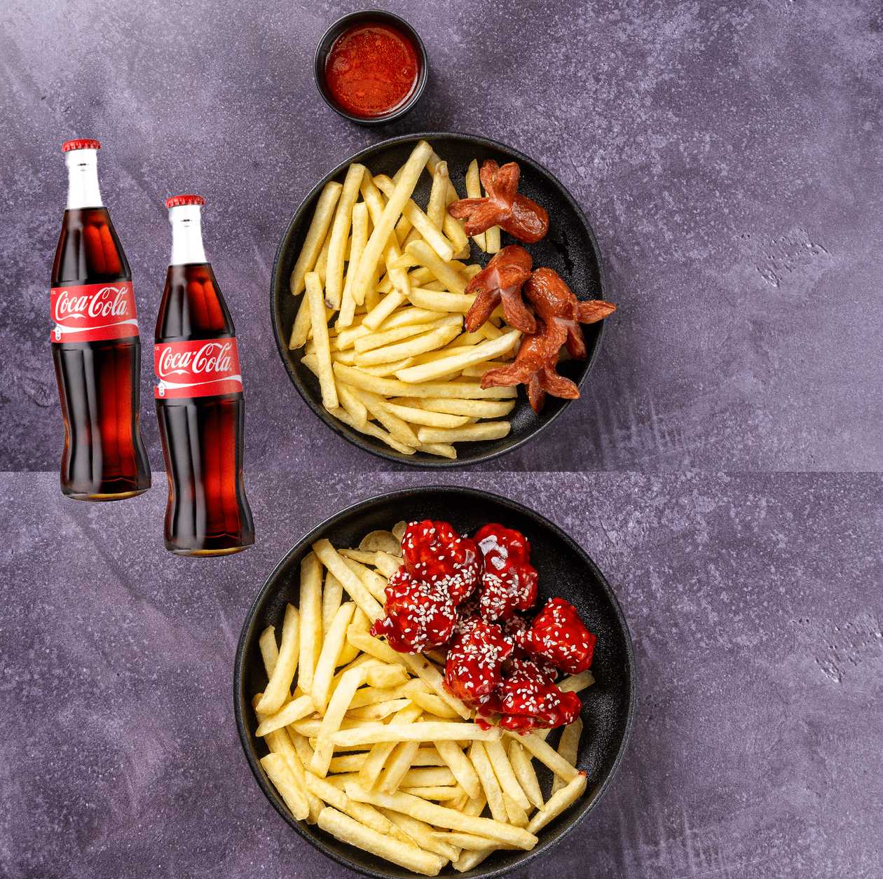 Fries with Sausage + Fries/Noodles with Honey Chicken + 2 Drinks