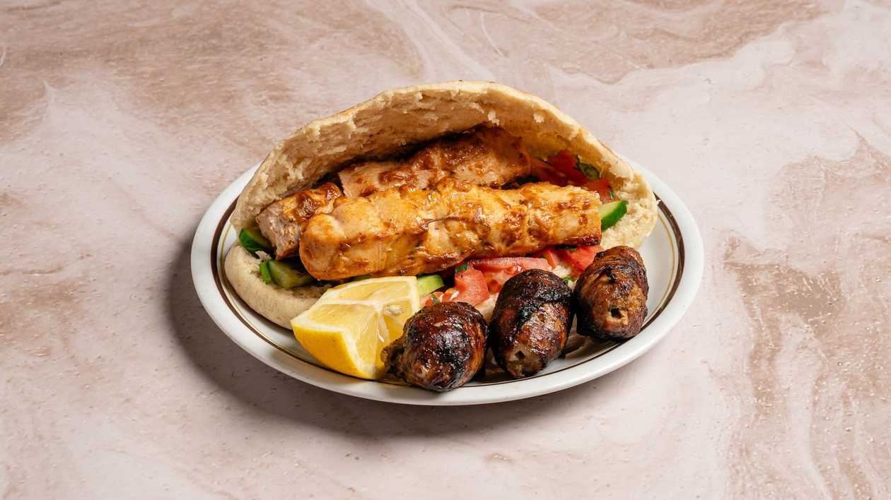 Chicken Souvlaki and Sheftalia  Cypriot Pitta