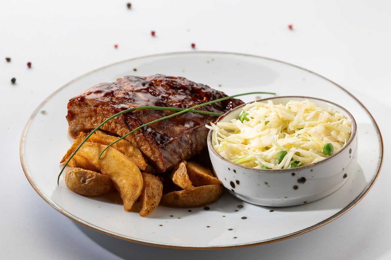 Glazed Pork Ribs, Roasted Potato Wedges, Coleslaw Cabbage Salad