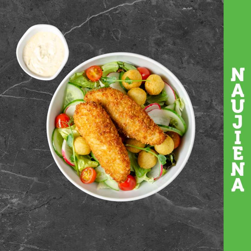 Salotos su keptais bulvių kroketais ir traškiais vištienos piršteliais