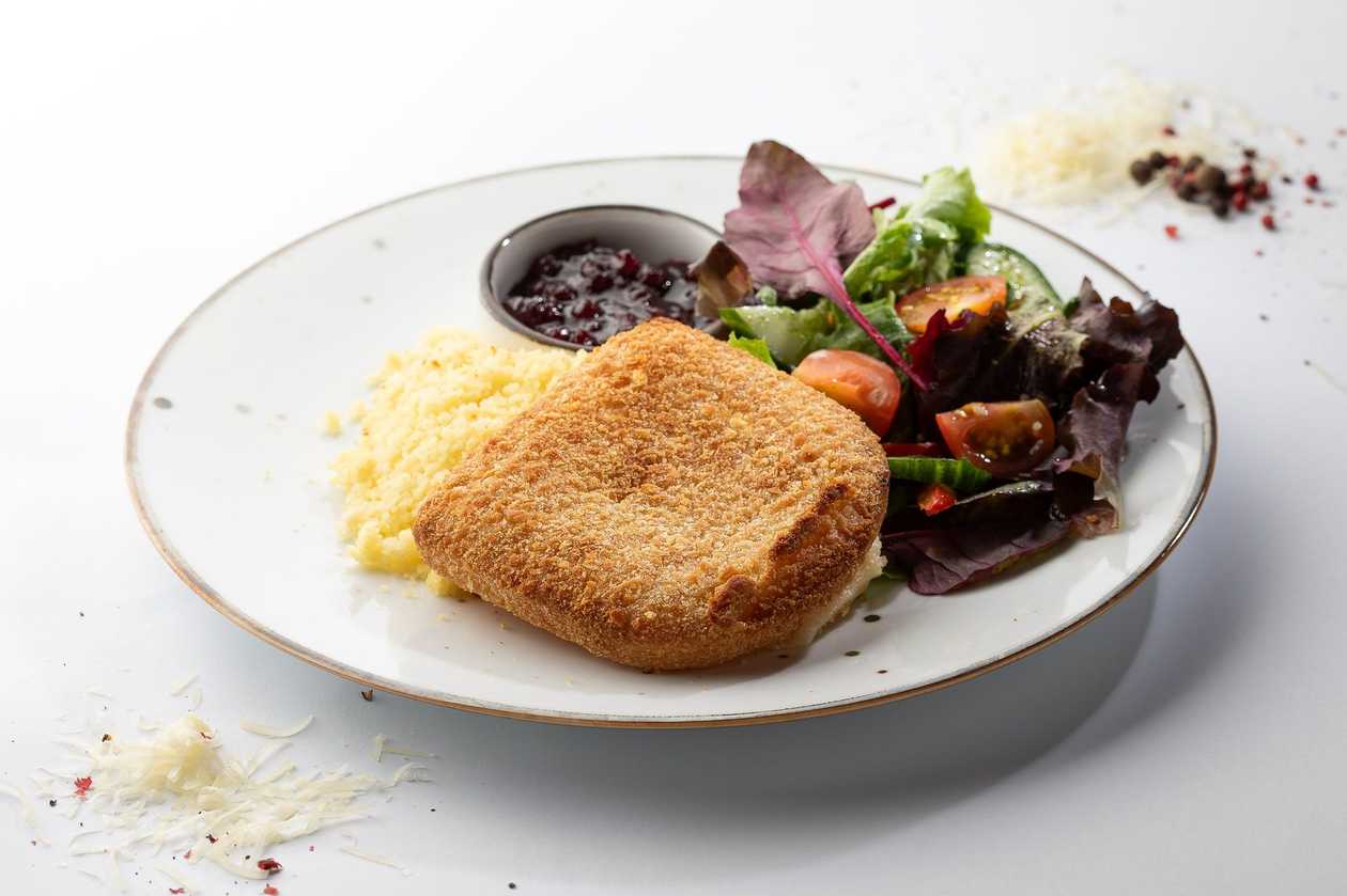 Cheese Cutlet, Cranberry Sauce, Couscous, Salad