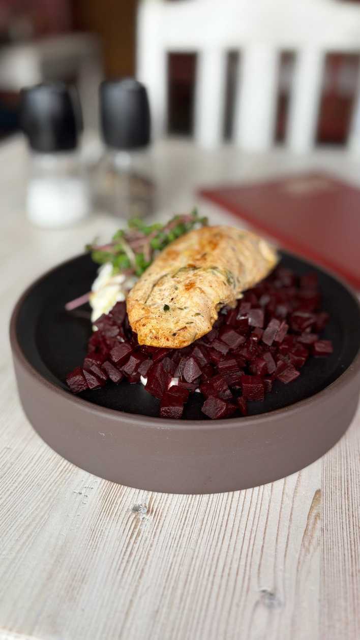 Chicken Breast (Sous vide) marinated in yogurt with herbs, baked beetroot, whipped fresh cheese