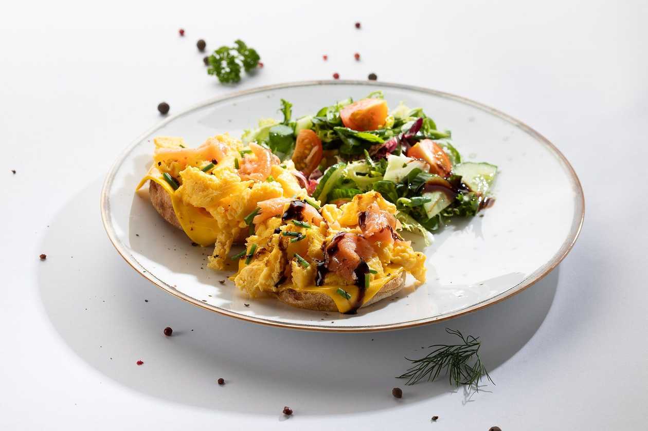 Scrambled Eggs, Salted Salmon Fillet, English Muffins