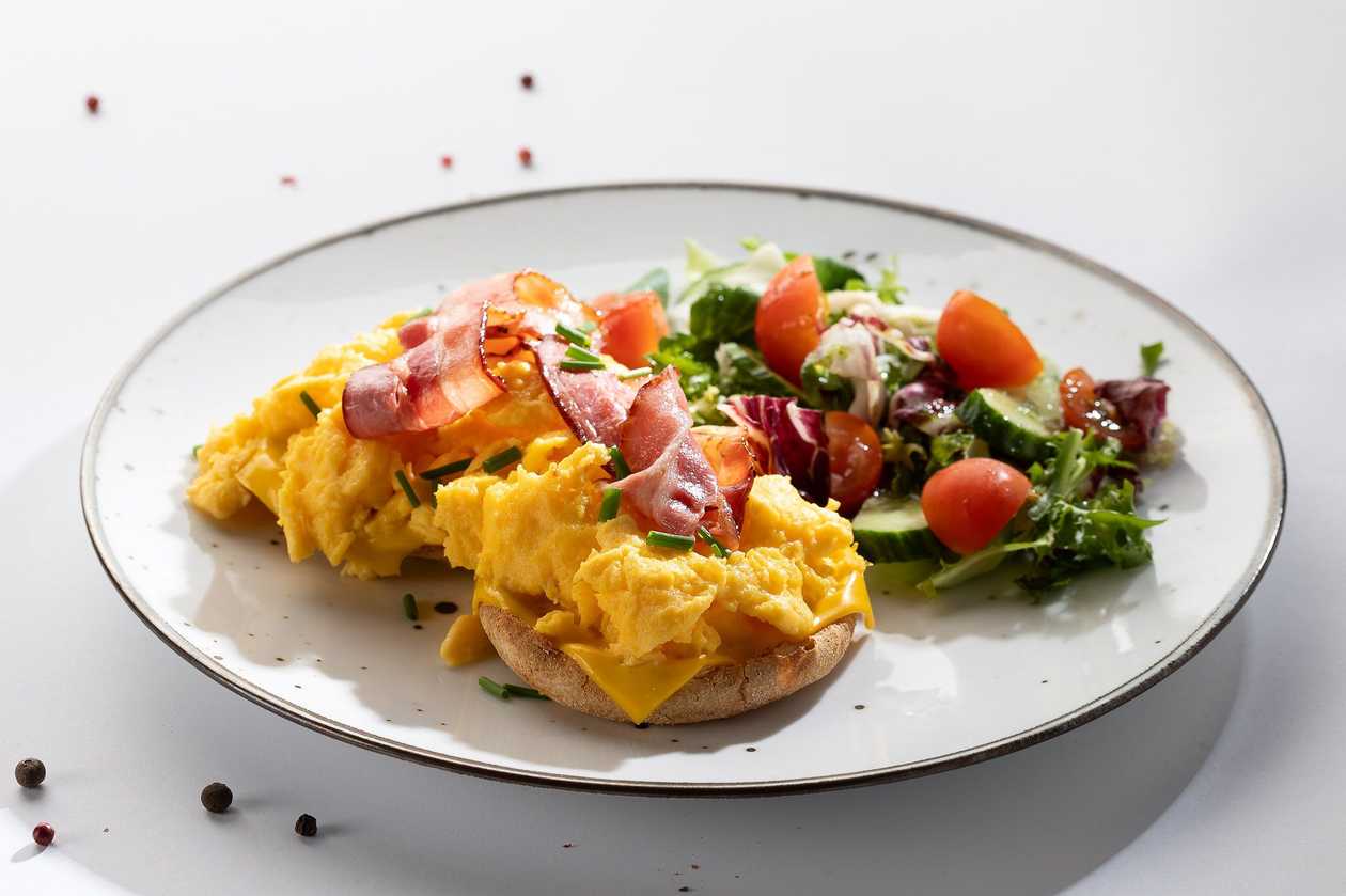 Scrambled Eggs, Fried Bacon, English Muffins
