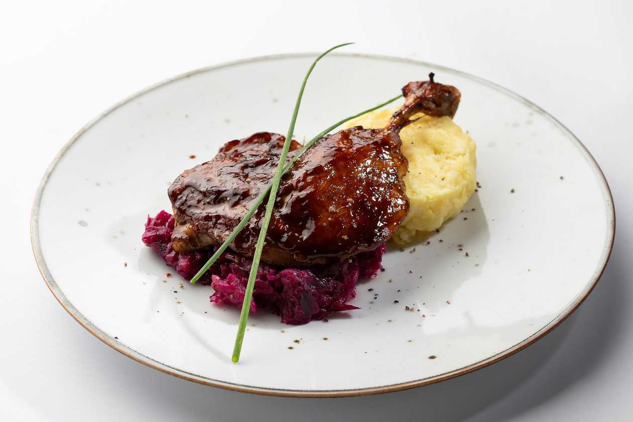 Duck Confit, Braised Red Cabbage, Potato Gratin