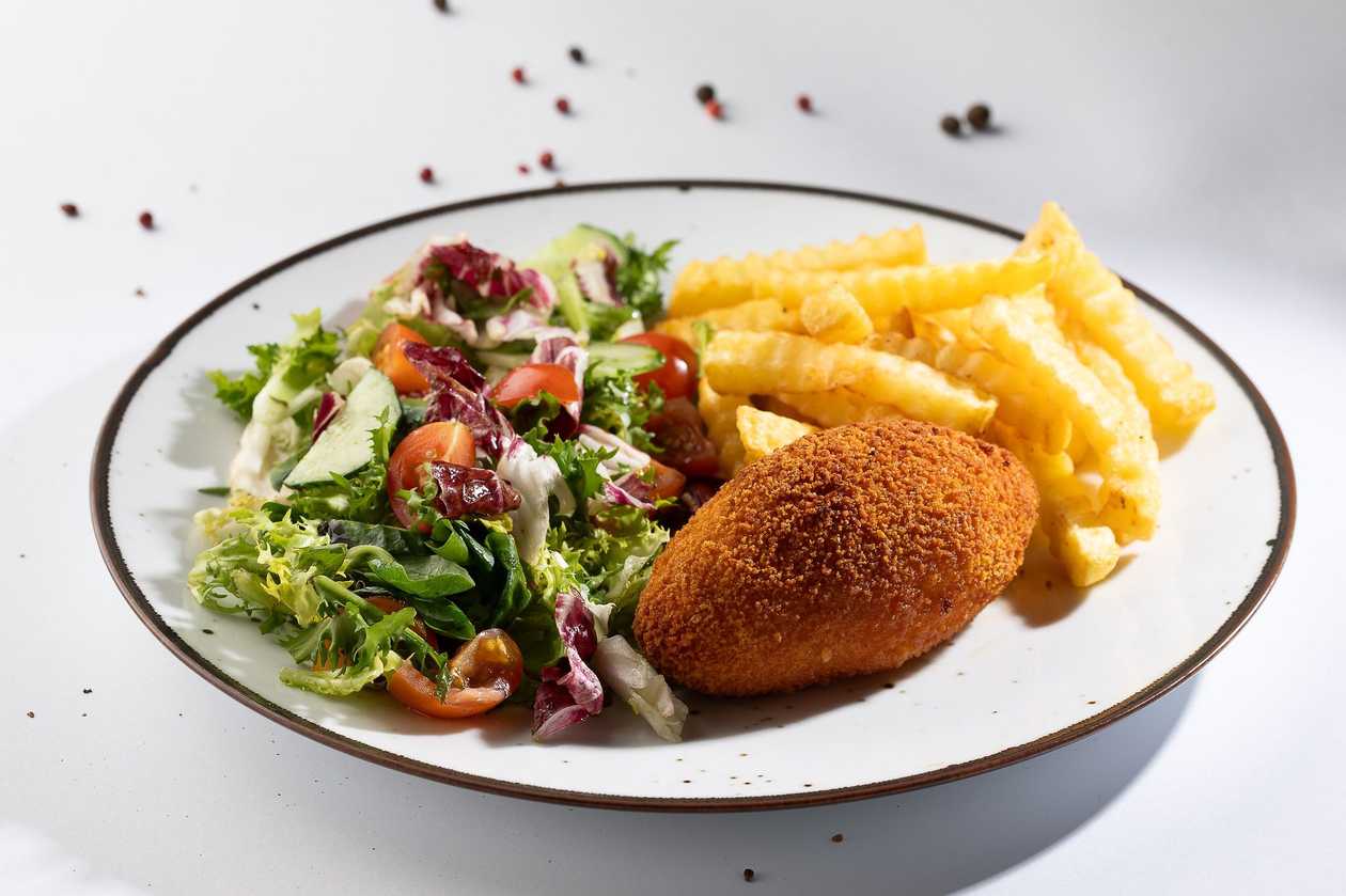 Chicken Kiev, Fried Potatoes, Salad
