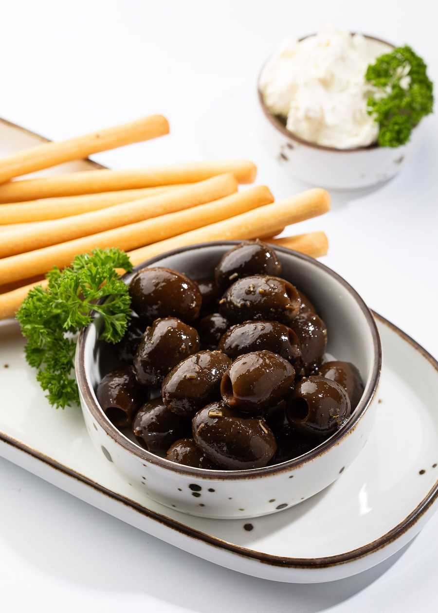 Marinated Olives, Grissini Breadsticks, Cheese Cream