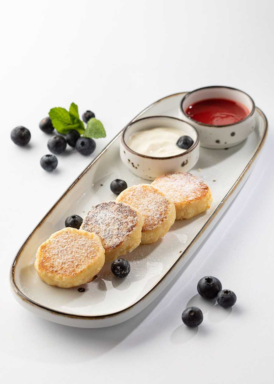 Fried Cottage Cheese Cakes, Strawberry Sauce