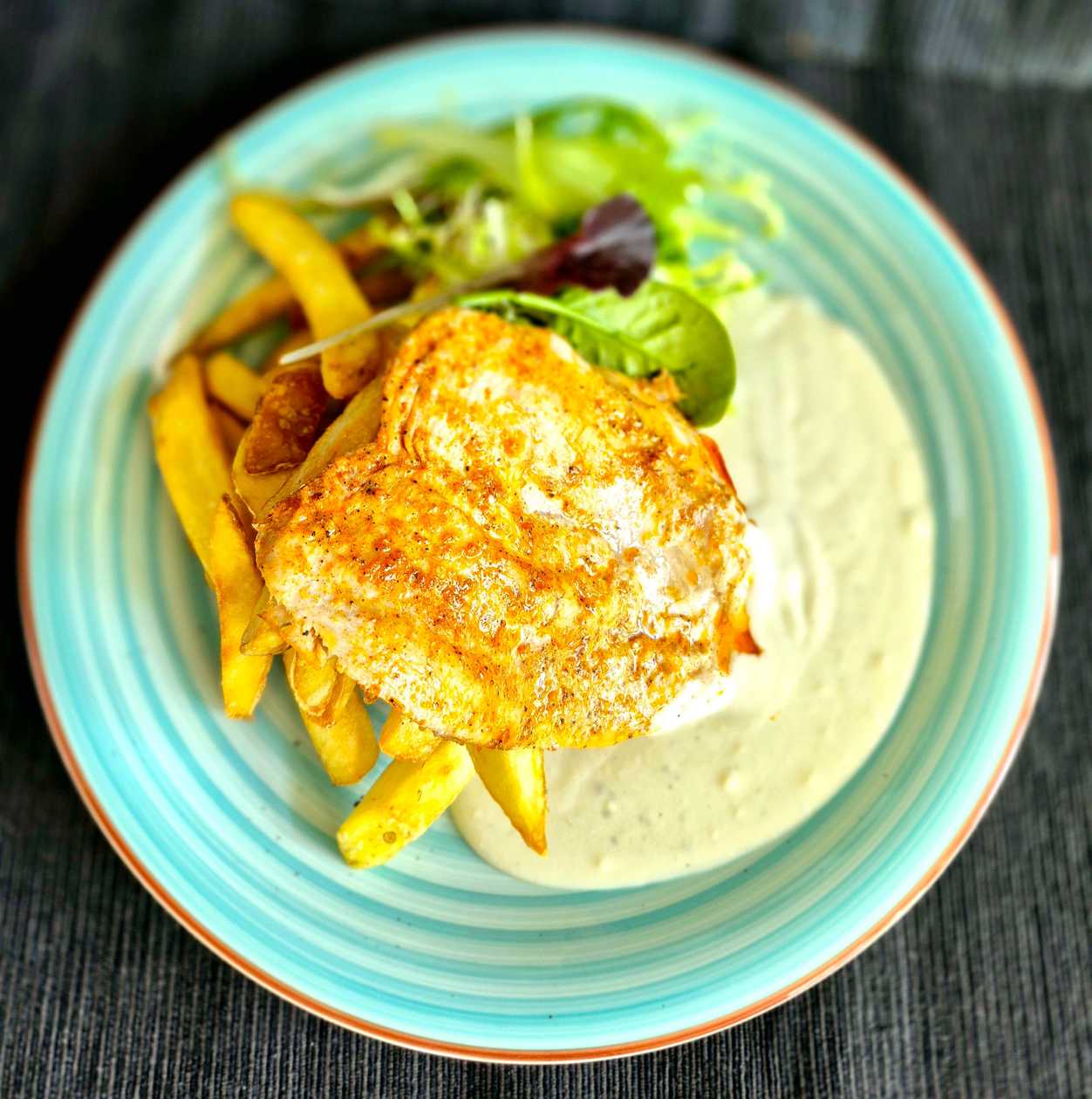 Chicken Steak in Creamy Boletus Sauce with Roasted Potatoes and Leaf Salad
