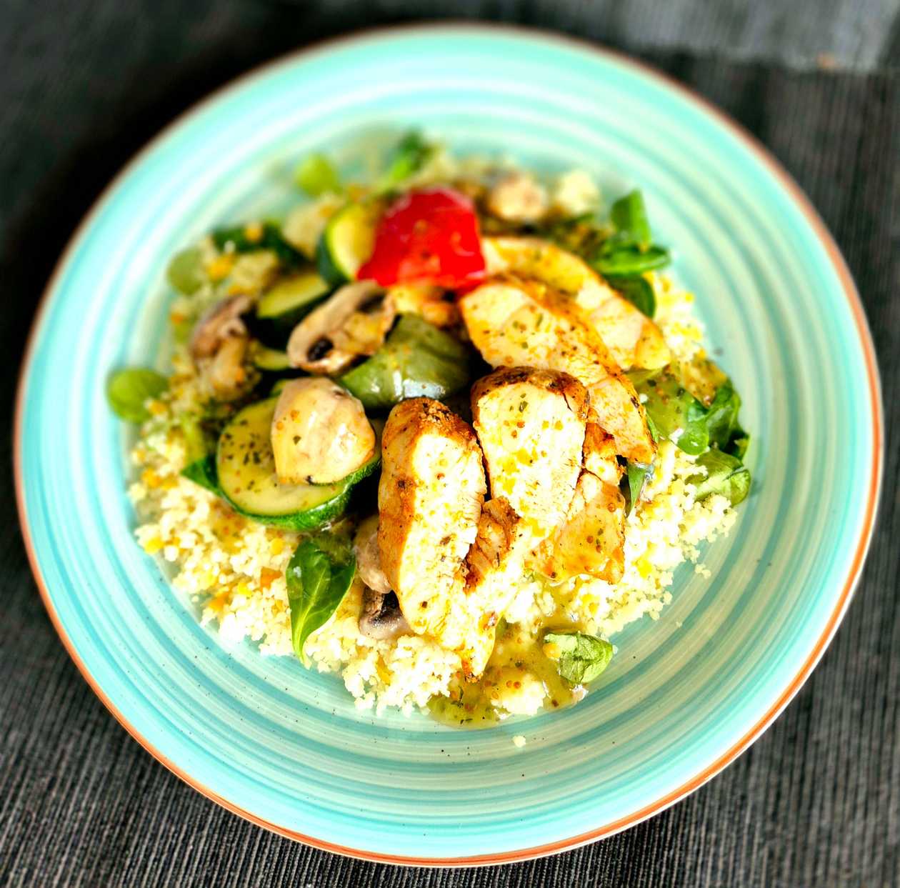 Warm Salad (Millet, Quinoa, Peas, Hokkaido Pumpkin, Feta, Chicken, Baby Spinach, Sun-Dried Tomato Pesto)