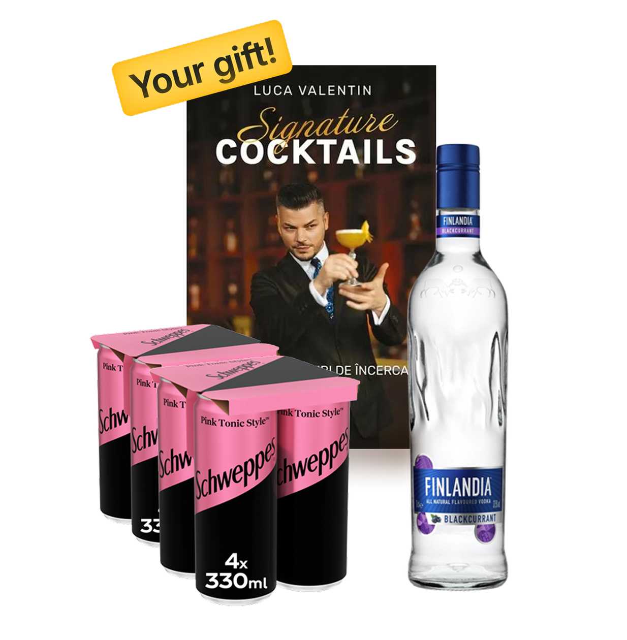 8 x Schweppes, Pink Tonic, Can, 0.33 L + Finlandia Blackcurrant 37.5% RO 700 ml + Signature Cocktails Gift Book