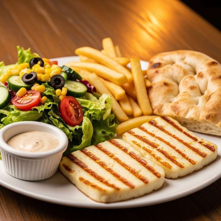 Large vegetarian platter with haloumi cheese