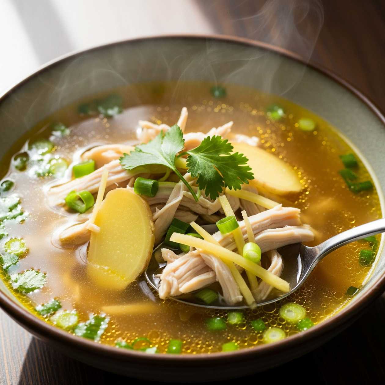 Beef broth with liver dumplings, vegetables
