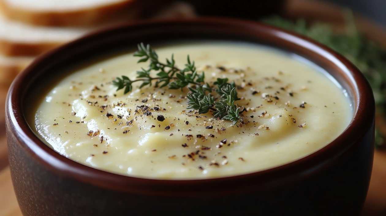 Garlic soup with baked bread and cheese