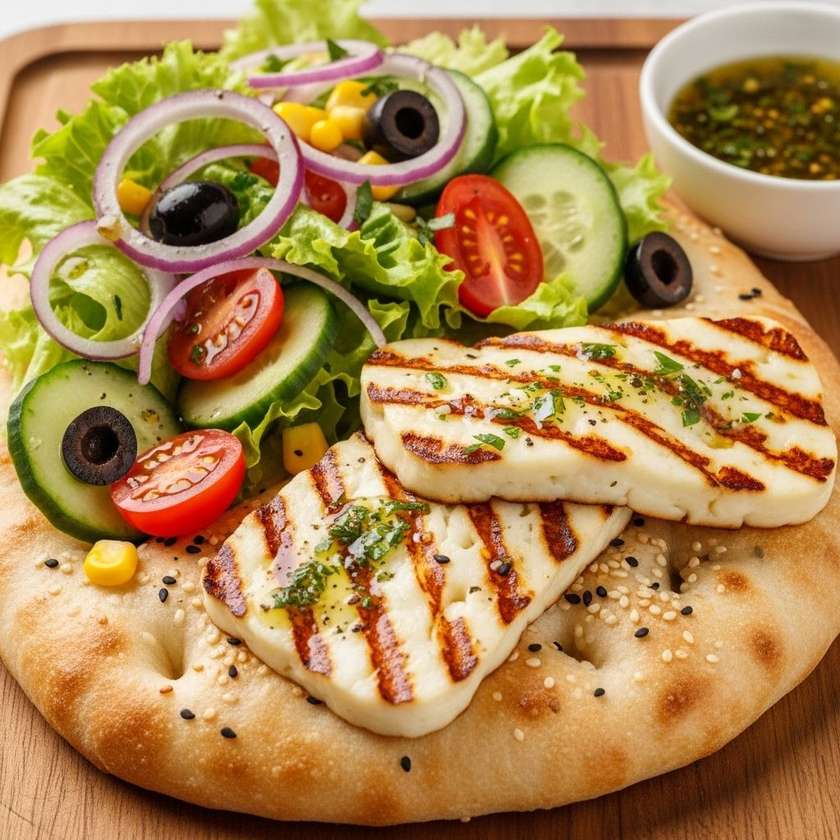 Vegetarian bread with haloumi cheese