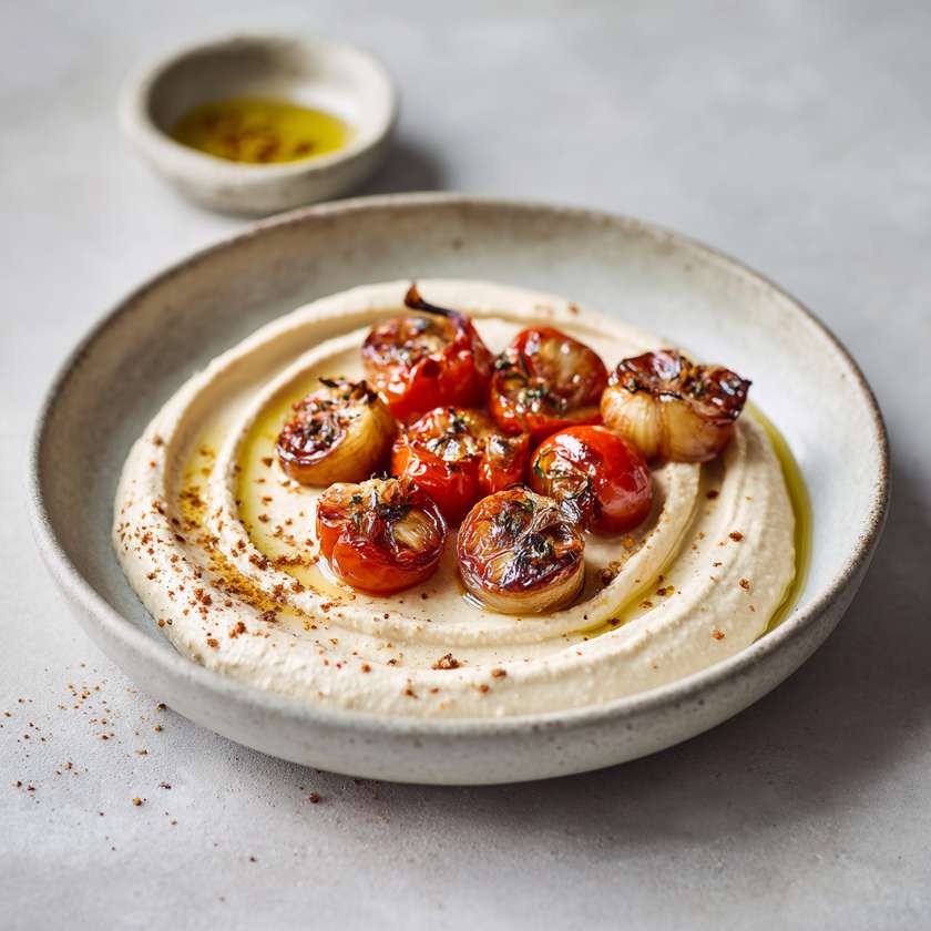 hummus cu usturoi copt si rosii cherry