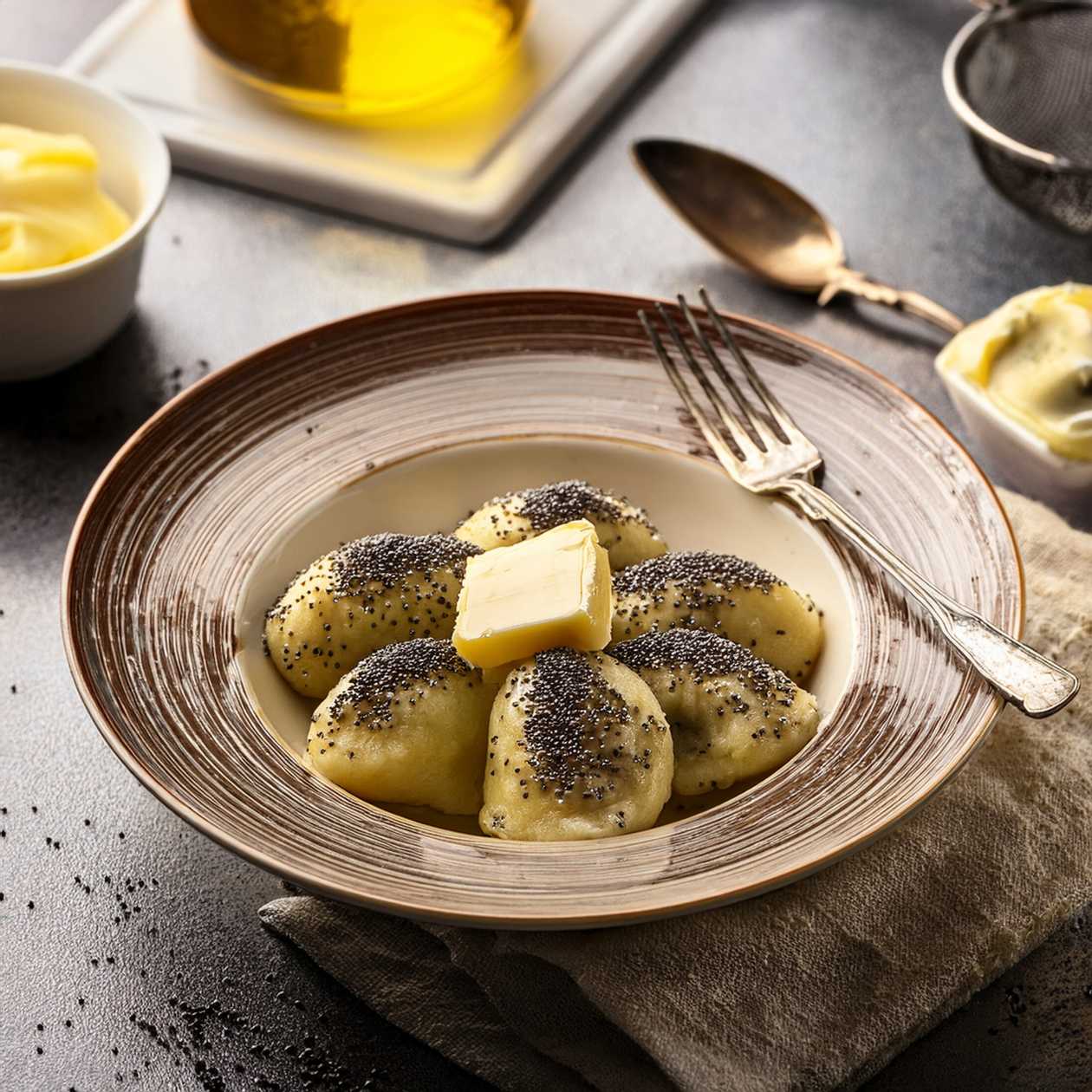 Potato dumplings with poppy seeds and butter