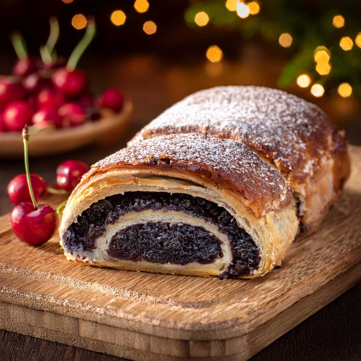 Apple, sour cherry-poppy, quark strudel