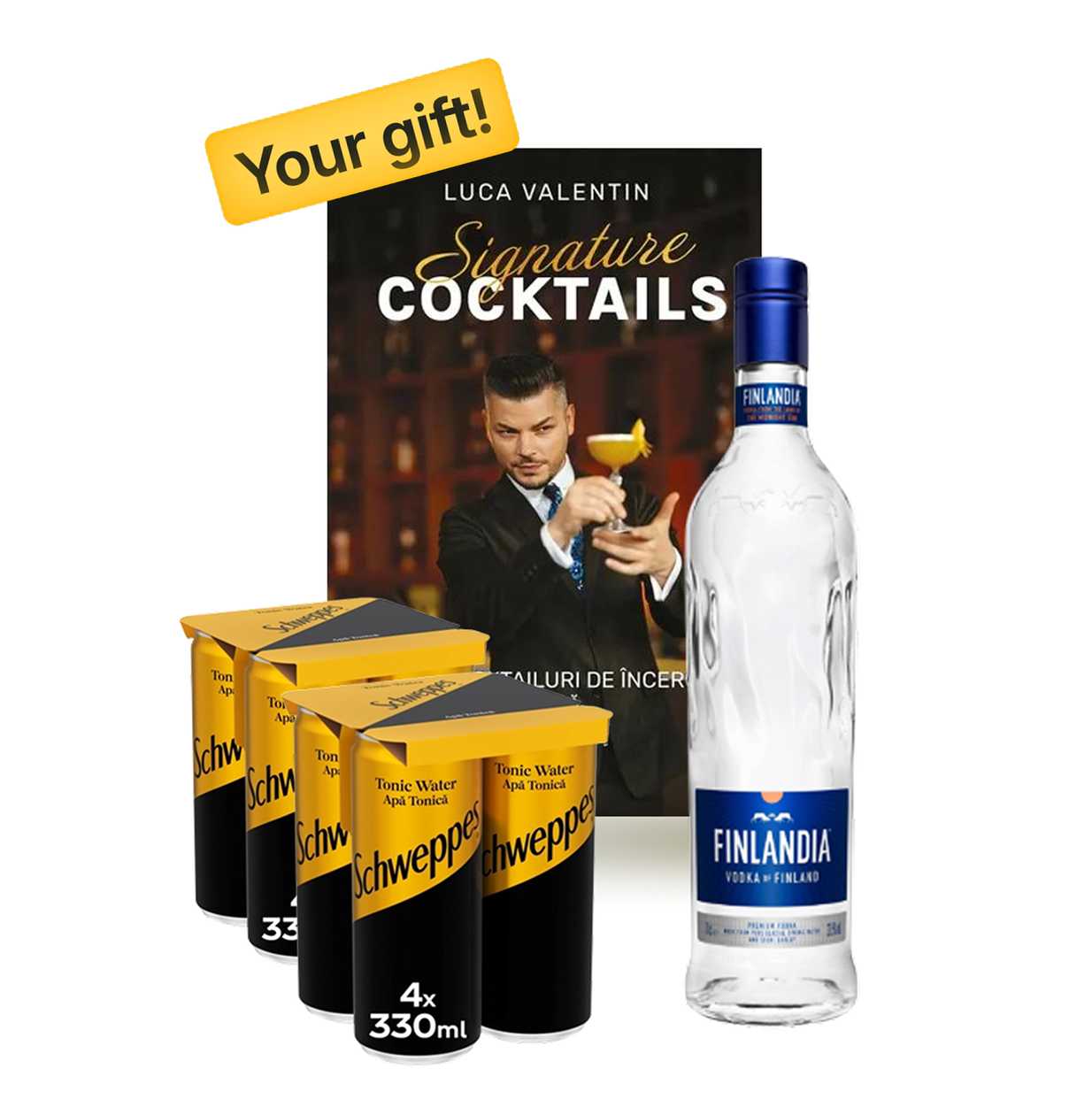 8 x Schweppes, Apa Tonica, Doza, 0.33 L + Finlandia Vodka RO 40% RO 700 ml +Carte Signature Cocktails Cadou